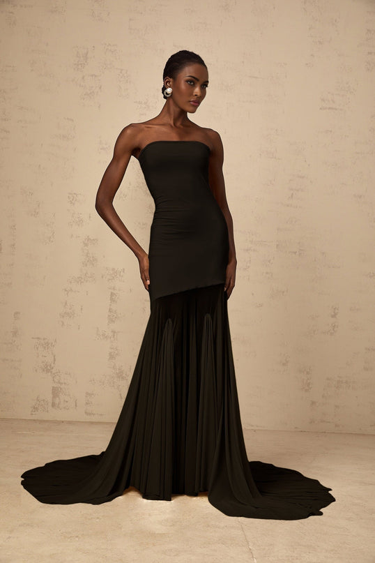 Tessa Black Maxi Dress with Tulle Overlay and Pleats in Stretch Fabric