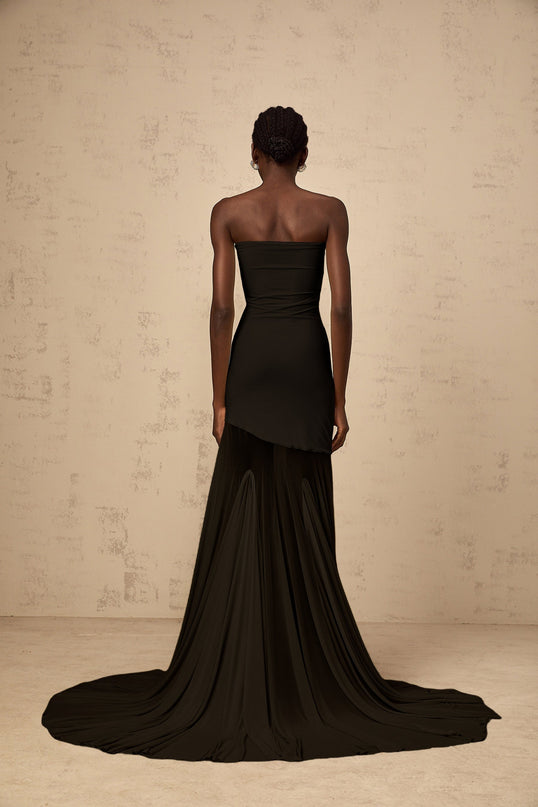 Tessa Black Maxi Dress with Tulle Overlay and Pleats