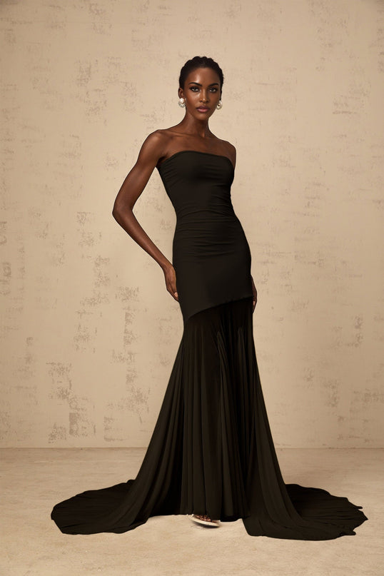 Tessa Black Maxi Dress with Tulle Overlay and Pleats in Stretch Fabric