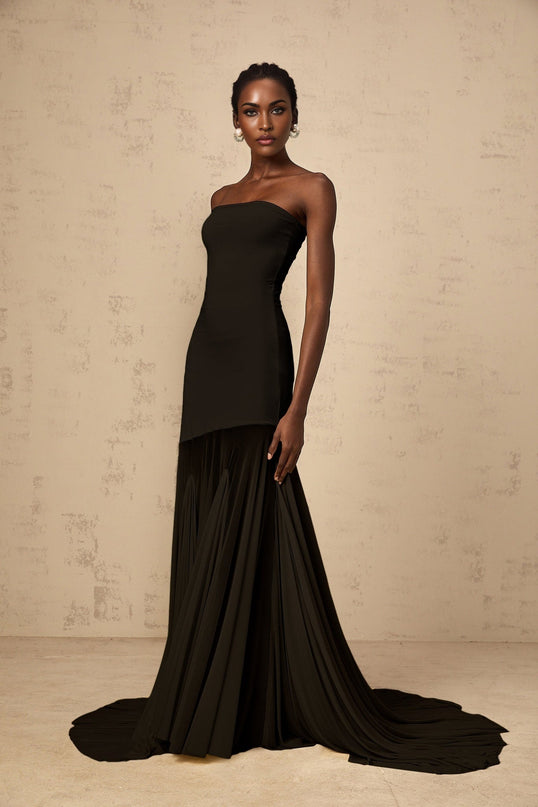 Tessa Black Maxi Dress with Tulle Overlay and Pleats