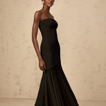 Tessa Black Maxi Dress with Tulle Overlay and Pleats in Stretch Fabric
