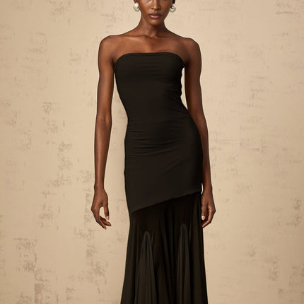Tessa Black Maxi Dress with Tulle Overlay and Pleats in Stretch Fabric