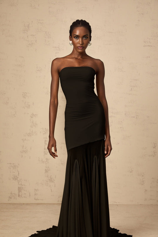 Tessa Black Maxi Dress with Tulle Overlay and Pleats in Stretch Fabric