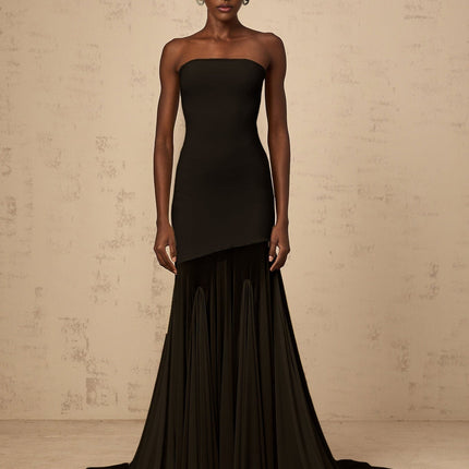 Tessa Black Maxi Dress with Tulle Overlay and Pleats