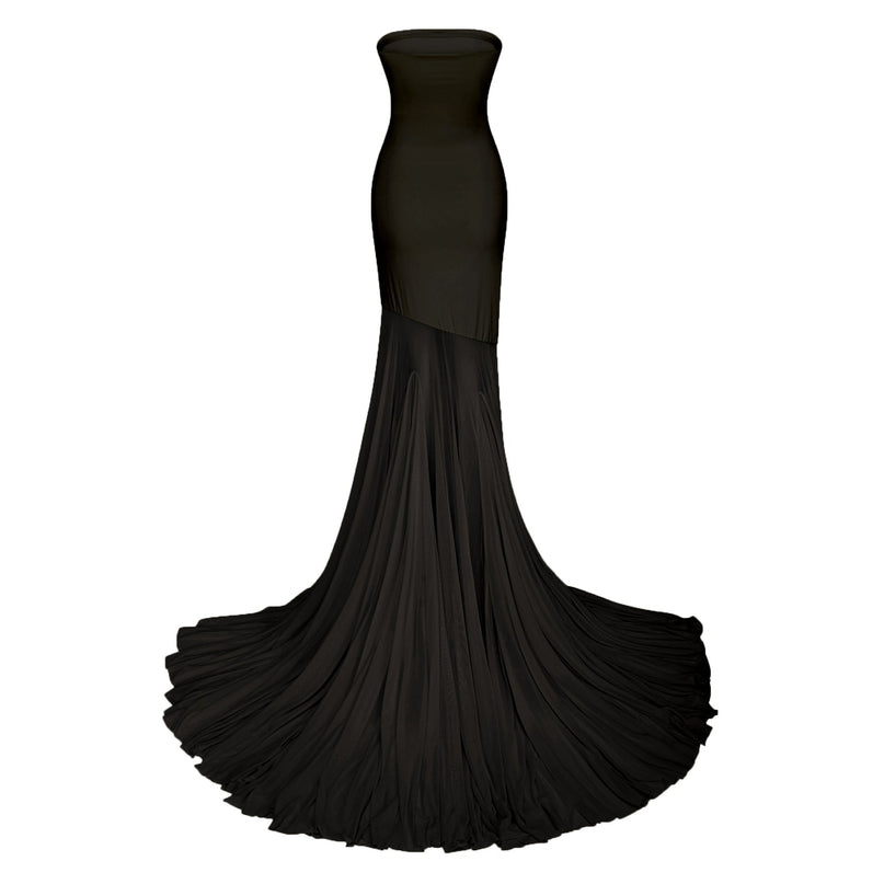 Tessa Black Maxi Dress with Tulle Overlay and Pleats