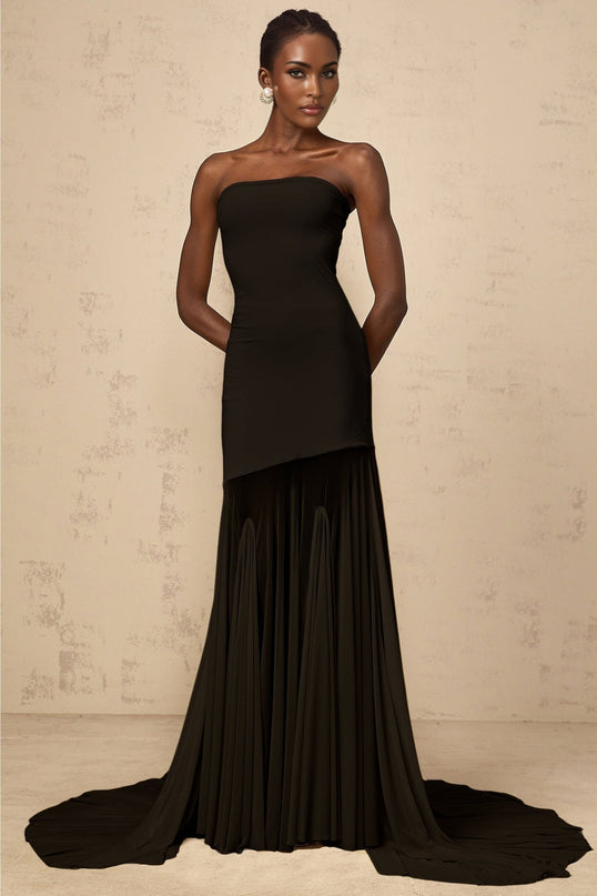 Tessa Black Maxi Dress with Tulle Overlay and Pleats