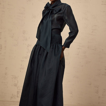 Tessa Green Ribbon Tie Neck Maxi Set Shirt Skirt Elegant Luxurious Terylene Fiber Smocked Pleated Elasticated Waistband Day Night Grace Style
