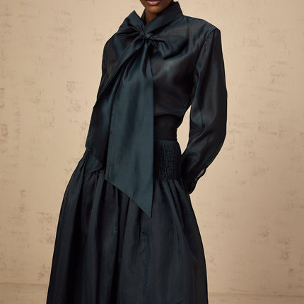 Tessa Green Ribbon Tie Neck Maxi Set Shirt Skirt