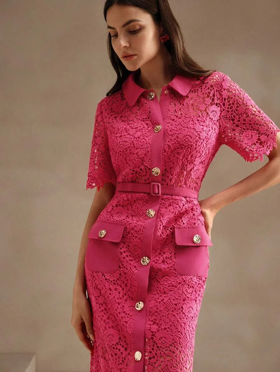 Textured Lace HollowOut Classic Shirt Dress For Women
