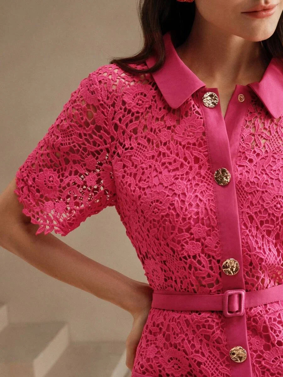 Textured Lace HollowOut Classic Shirt Dress For Women