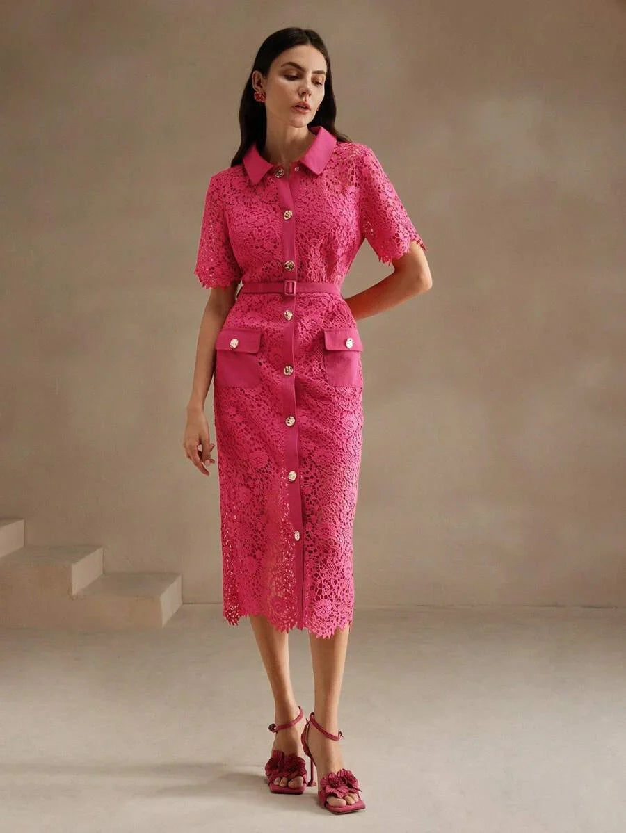 Textured Lace HollowOut Classic Shirt Dress For Women