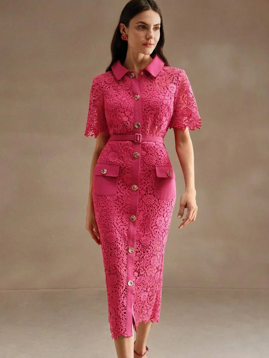 Textured Lace HollowOut Classic Shirt Dress For Women