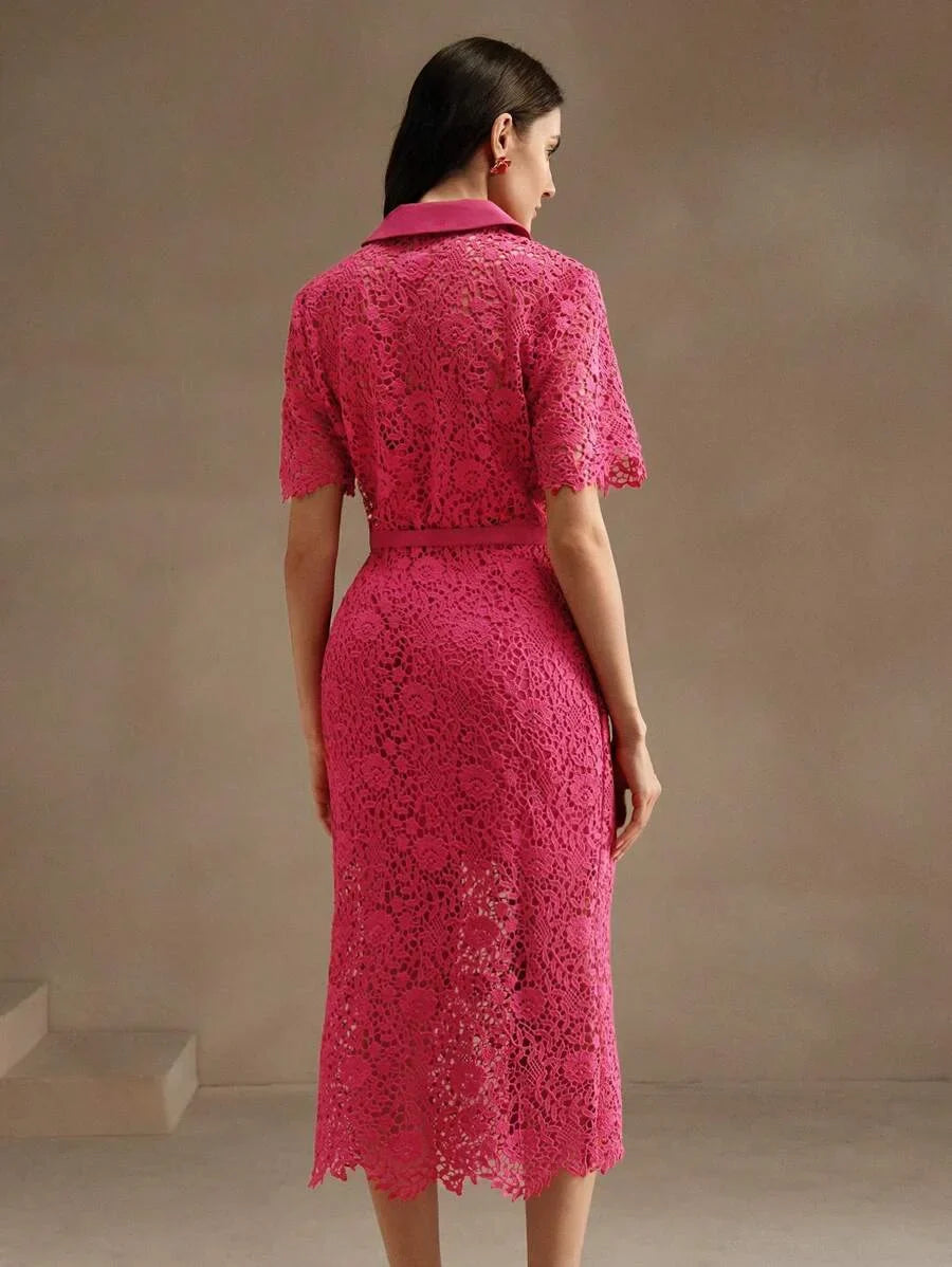 Textured Lace HollowOut Classic Shirt Dress For Women