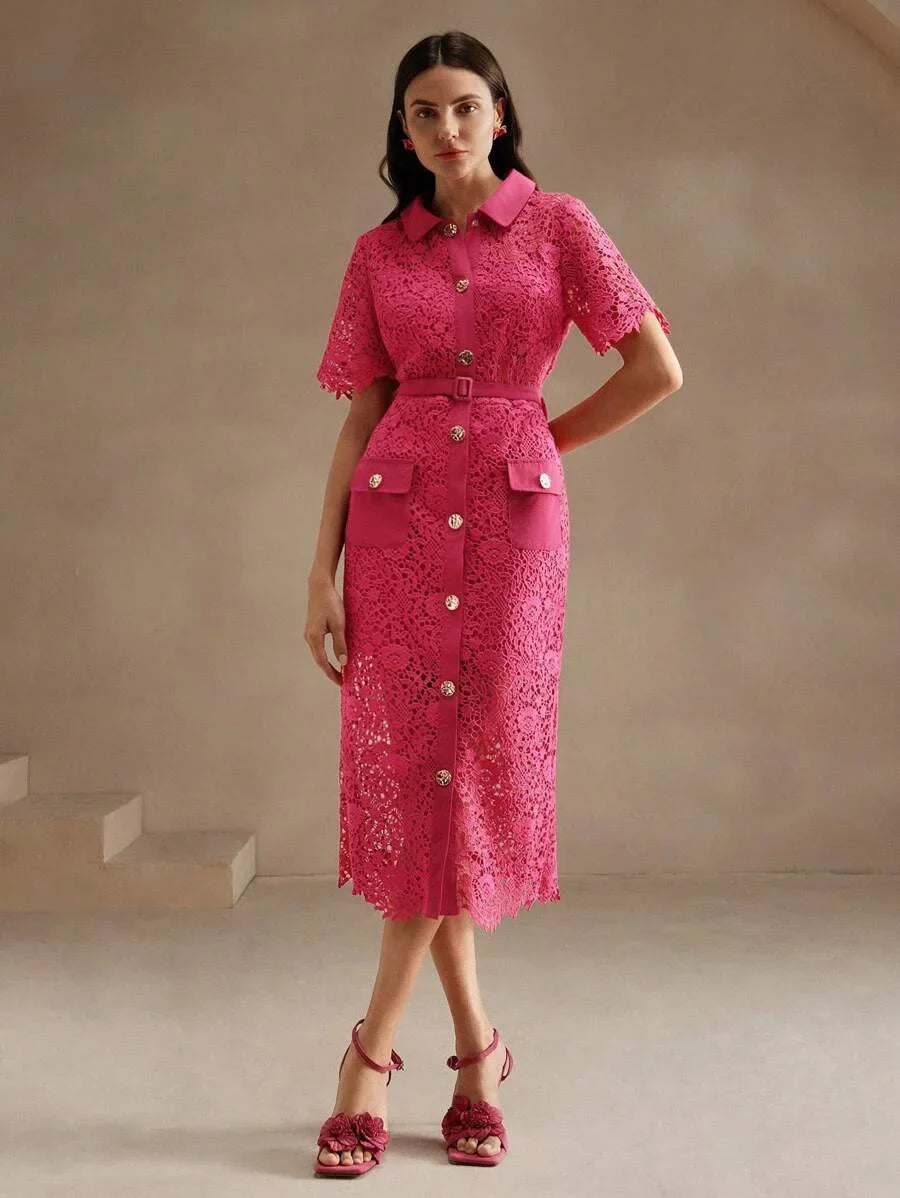 Textured Lace HollowOut Classic Shirt Dress For Women