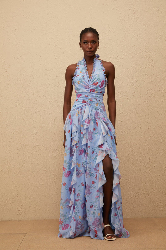 Thaïs Blue Ruffled Floral Print Maxi Dress