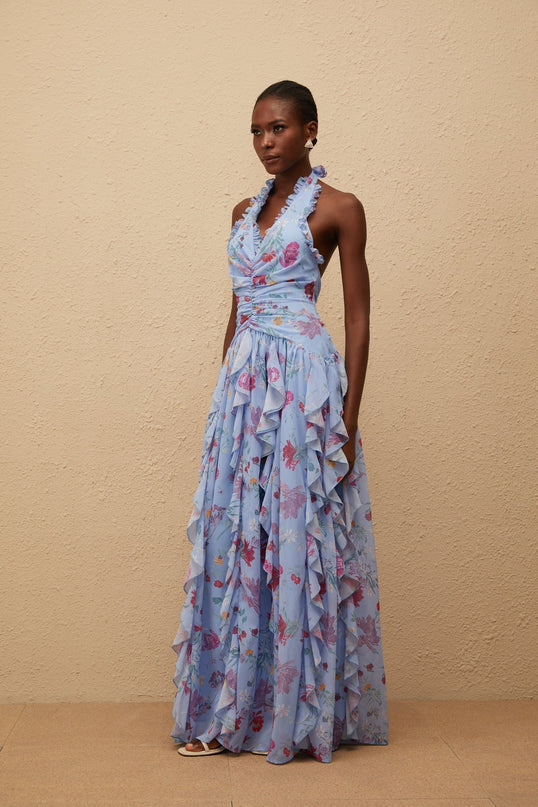 Thaïs Blue Ruffled Floral Print Maxi Dress