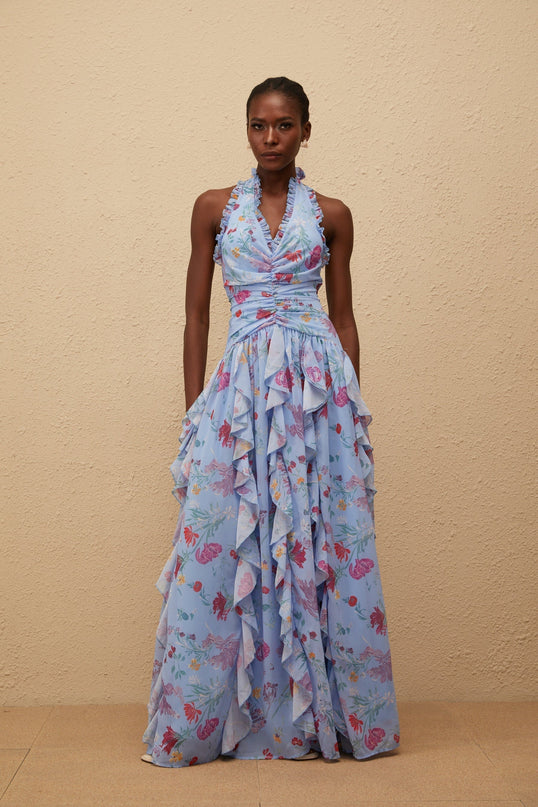 Thaïs Blue Ruffled Floral Print Maxi Dress