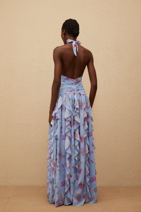 Thaïs Blue Ruffled Floral Print Maxi Dress