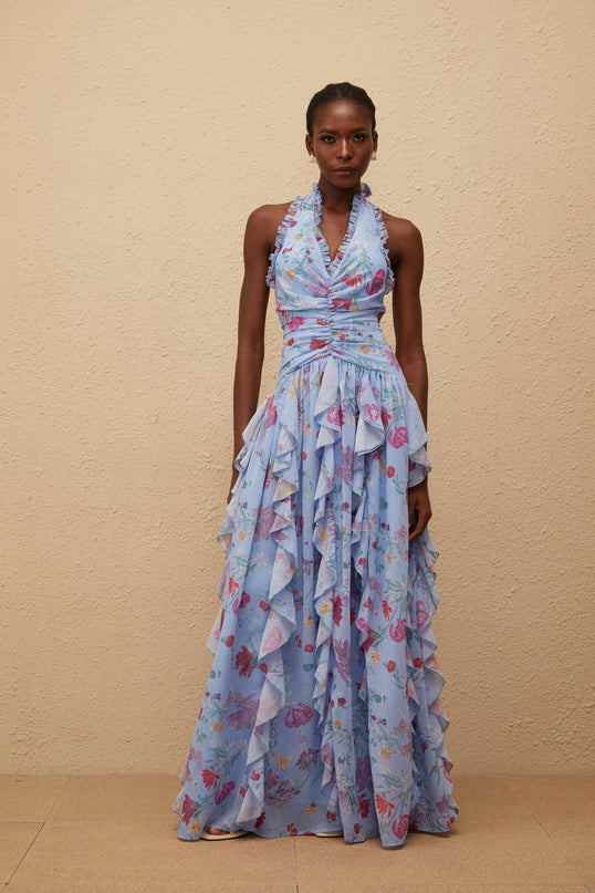 Thaïs Blue Ruffled Floral Print Maxi Dress