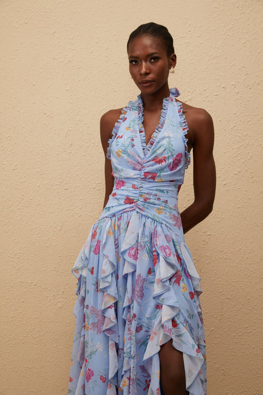 Thaïs Blue Ruffled Floral Print Maxi Dress