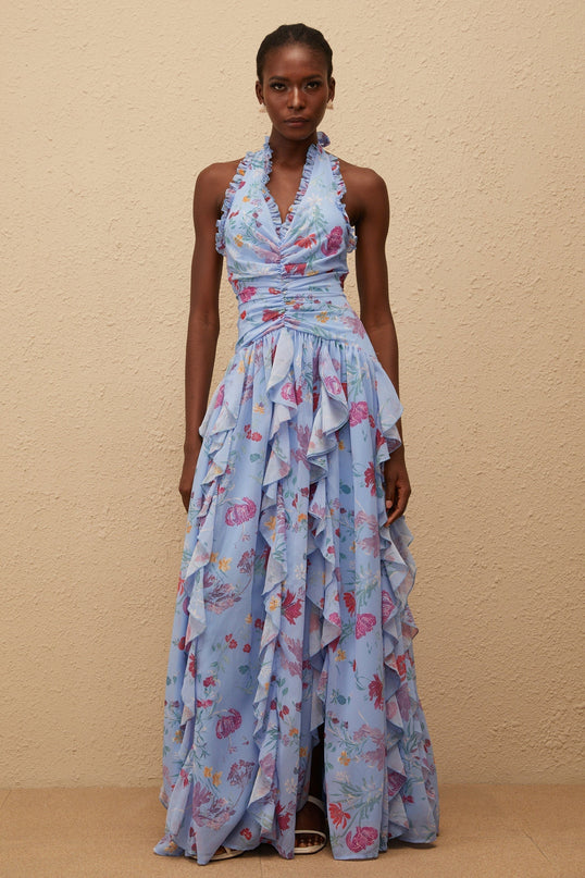 Thaïs Blue Ruffled Floral Print Maxi Dress