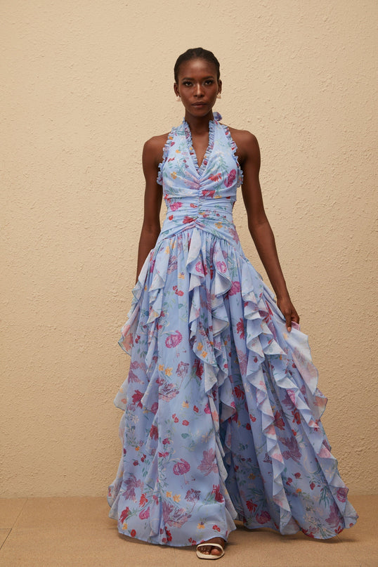 Thaïs Blue Ruffled Floral Print Maxi Dress
