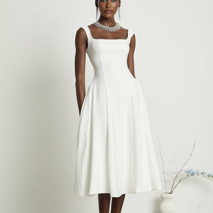 Thala White Sleeveless Midi Dress Square Neckline Pleated Details Back Zipper Luxury Blend Polyester Nylon Elastane Ceremonies Cocktail Formal Events Grace