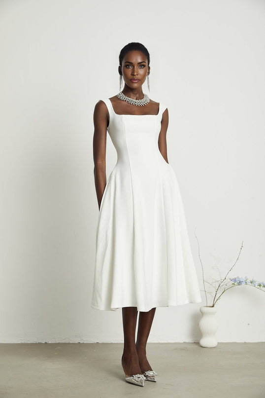 Thala White Sleeveless Midi Dress Square Neckline Pleated Details Back Zipper Luxury Blend Polyester Nylon Elastane Ceremonies Cocktail Formal Events Grace