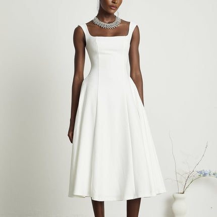 Thala White Sleeveless Midi Dress Square Neckline Pleated Details Back Zipper Polyester Nylon Elastane Elegant Sophisticated Graceful Ceremony Cocktail Formal Events