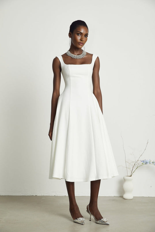 Thala White Sleeveless Midi Dress Square Neckline Pleated Details Back Zipper Polyester Nylon Elastane Elegant Sophisticated Graceful Ceremony Cocktail Formal Events