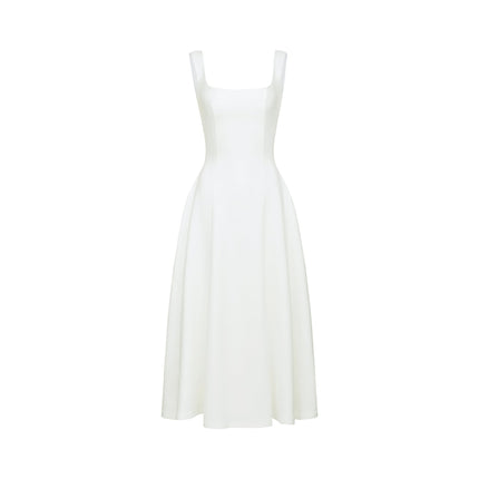 Thala White Sleeveless Midi Dress Square Neckline Pleated Details Back Zipper Elegant Formal Wear