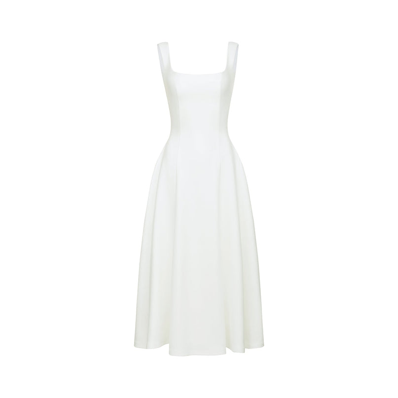 Thala White Sleeveless Midi Dress Square Neckline Pleated Details Back Zipper Elegant Formal Wear