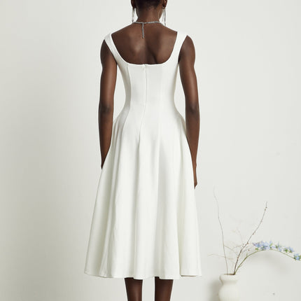 Thala White Sleeveless Midi Dress with Square Neckline and Pleated Details