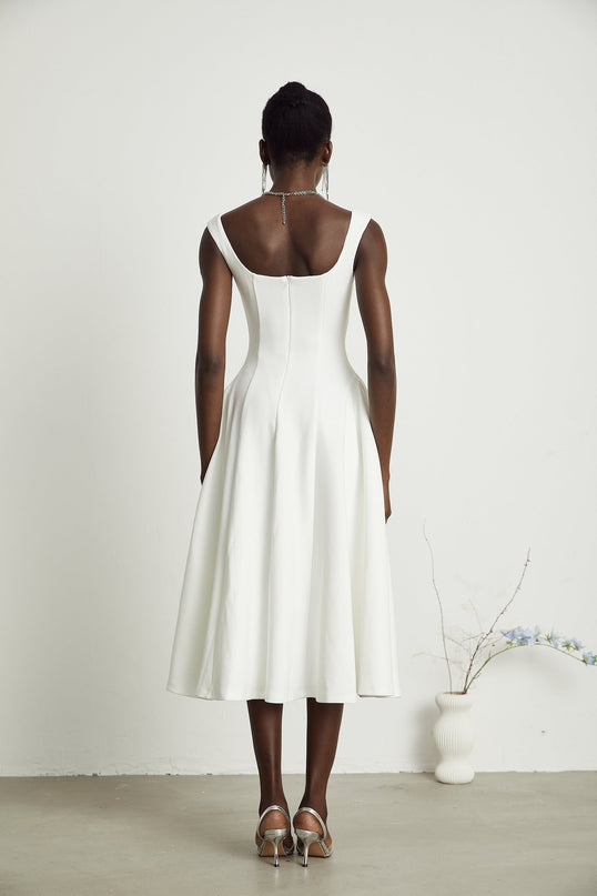 Thala White Sleeveless Midi Dress with Square Neckline and Pleated Details