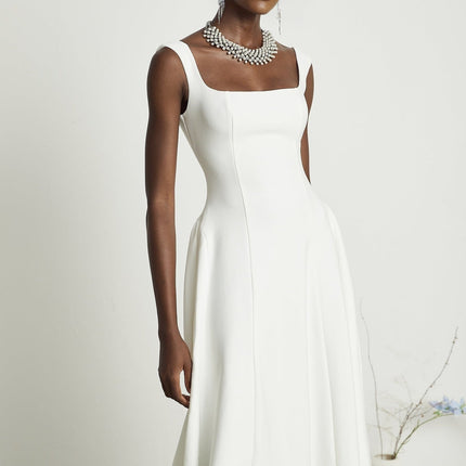 Thala White Sleeveless Midi Dress Square Neckline Pleated Details Back Zipper Polyester Nylon Elastane Ceremonies Cocktail Events Formal Occasions Sophistication Grace