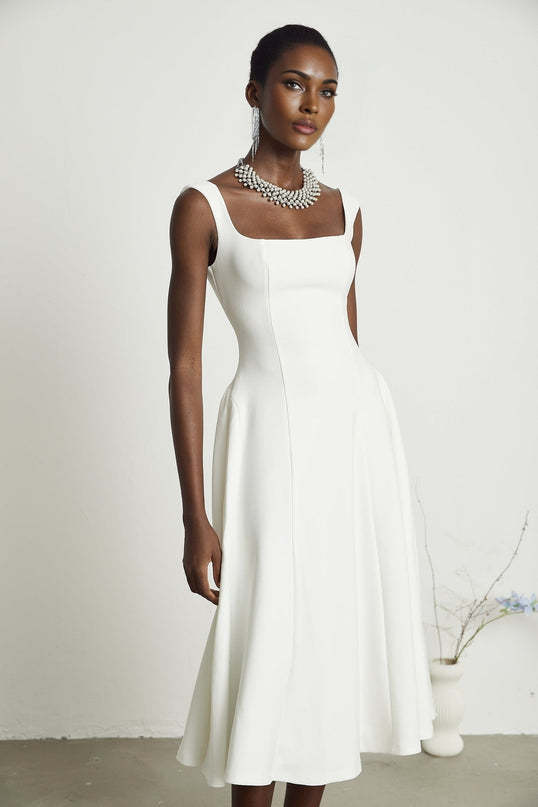 Thala White Sleeveless Midi Dress Square Neckline Pleated Details Back Zipper Polyester Nylon Elastane Ceremonies Cocktail Events Formal Occasions Sophistication Grace