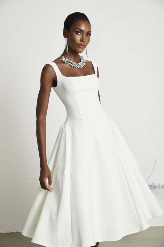 Thala White Sleeveless Midi Dress Square Neckline Pleated Details Back Zipper Polyester Nylon Elastane Ceremonies Cocktail Events Formal Occasions