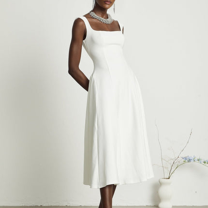 Thala White Sleeveless Midi Dress Square Neckline Tailored Bodice Pleated Details Flared Skirt Back Zipper Polyester Nylon Elastane Blend Ceremonies Cocktail Events Formal Occasions Refinement Charm Grace