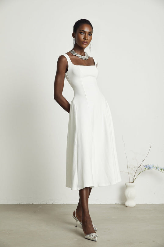Thala White Sleeveless Midi Dress Square Neckline Tailored Bodice Pleated Details Flared Skirt Back Zipper Polyester Nylon Elastane Blend Ceremonies Cocktail Events Formal Occasions Refinement Charm Grace