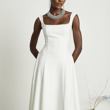 Thala White Sleeveless Midi Dress with Square Neckline and Pleated Details