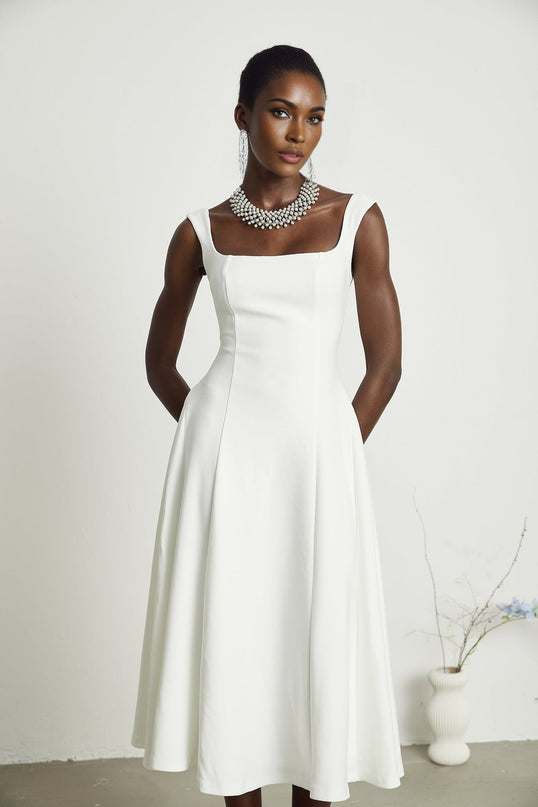 Thala White Sleeveless Midi Dress with Square Neckline and Pleated Details