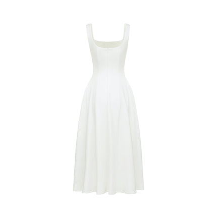 Thala White Sleeveless Midi Dress Square Neckline Pleated Details Back Zipper Elegant Ceremony Cocktail Formal Events Polyester Nylon Elastane