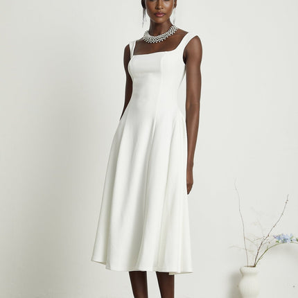 Thala White Sleeveless Midi Dress Square Neckline Pleated Details Back Zipper Polyester Nylon Elastane Formal Occasions