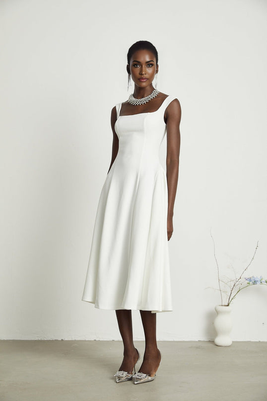 Thala White Sleeveless Midi Dress Square Neckline Pleated Details Back Zipper Polyester Nylon Elastane Formal Occasions