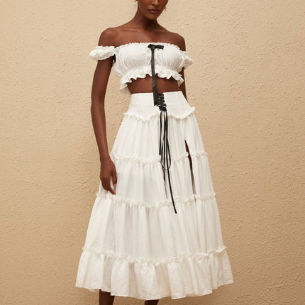Théoline White Ruffled Trim Shirred Top & Skirt Set