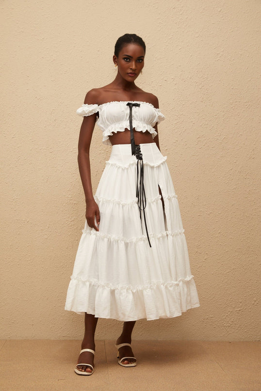 Théoline White Ruffled Trim Shirred Top & Skirt Set