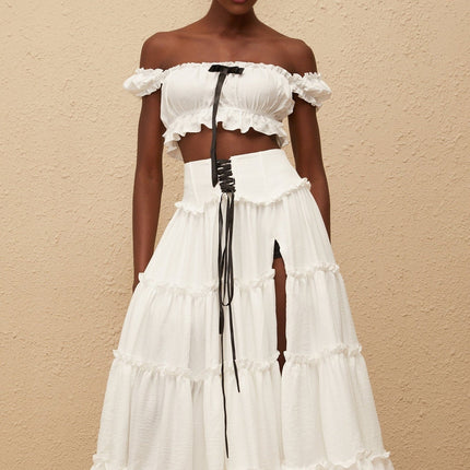 Théoline White Ruffled Trim Shirred Top & Skirt Set