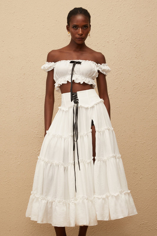 Théoline White Ruffled Trim Shirred Top  Skirt Set