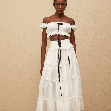 Théoline White Ruffled Trim Shirred Top & Skirt Set