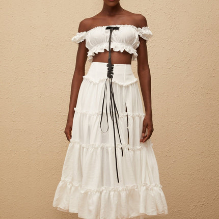 Théoline White Ruffled Trim Shirred Top & Skirt Set